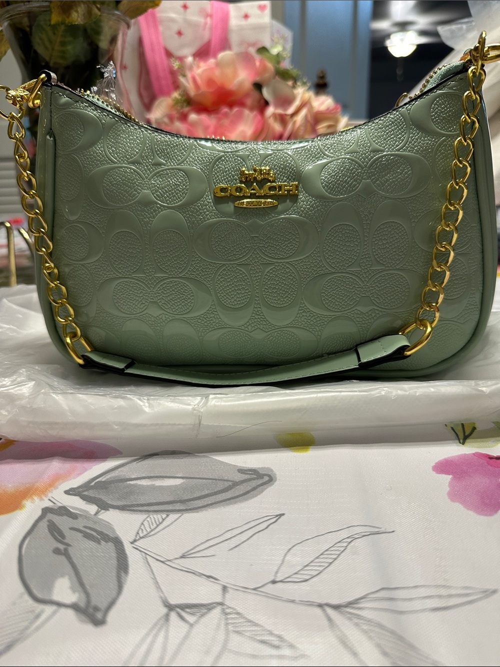 Coach Sage Green Embossed Leather Shoulder Bag with Gold Chain